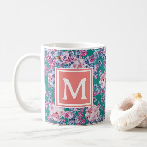 Cute floral pattern pink blue green initial mug