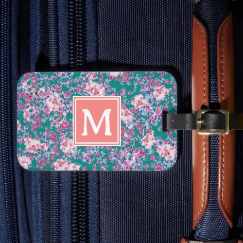 Cute floral pattern pink blue initial luggage tag