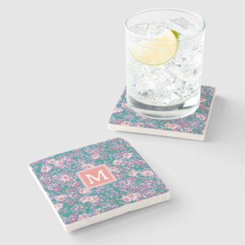 Cute floral pattern pink blue monogram coaster