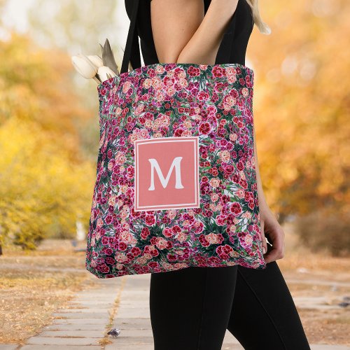 Cute floral pattern pink red coral initial tote