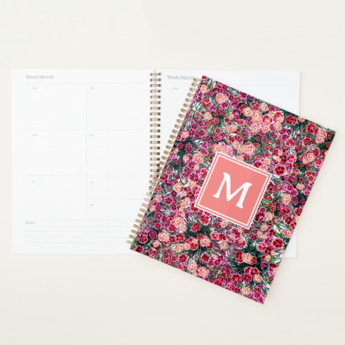 Cute floral pattern red flowers monogram planner