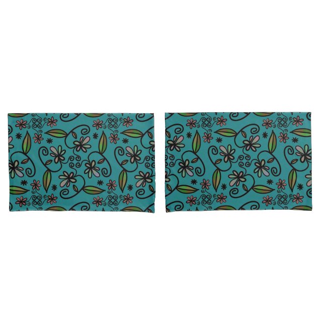 Cute Floral Pattern Teal Pillow Case (Front-Set)