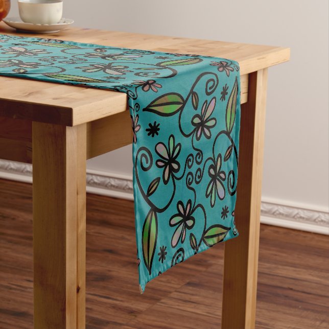 Cute Floral Pattern Teal Short Table Runner (In Situ)