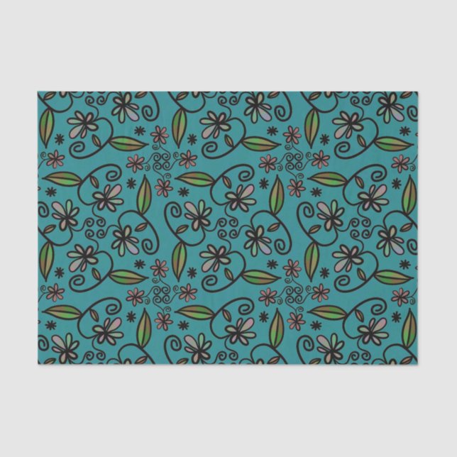 Cute Floral Pattern Teal Tissue Paper (Front)
