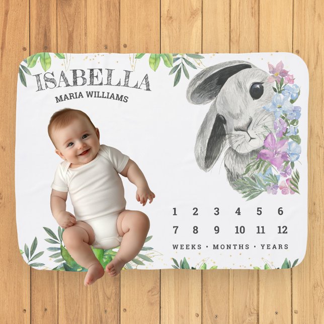 Cute Floral Peeping Bunny Milestone Baby Blanket (Creator Uploaded)