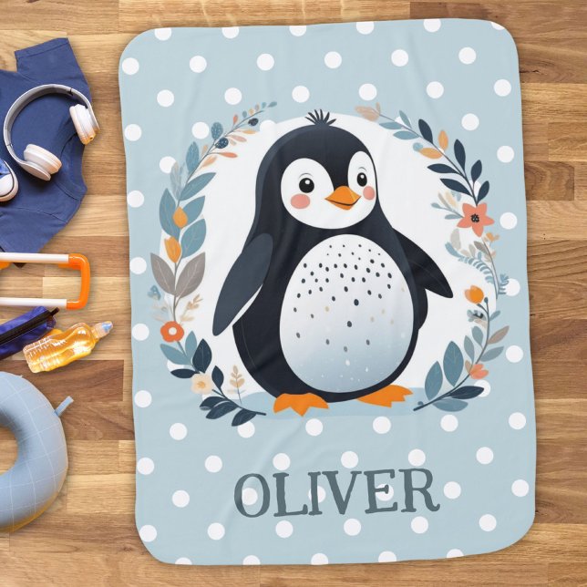 Cute Floral Penguin with Polka Dots Baby Blanket (Creator Uploaded)