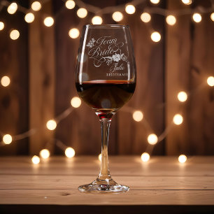 Cute Floral Personalized Team Bride Calligraphy Wine Glass