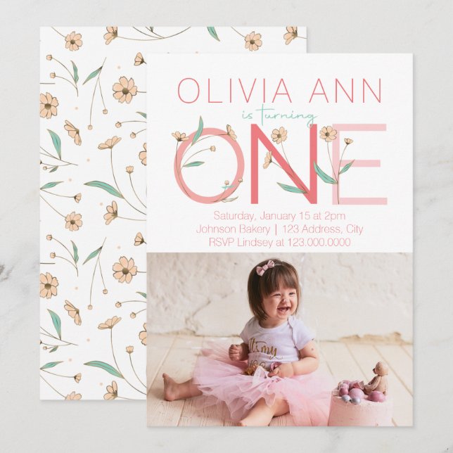 Cute Floral Photo First Birthday Invitation (Front/Back)