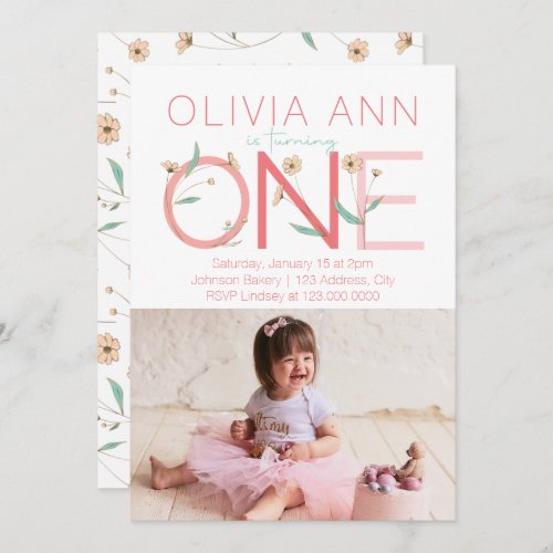 Cute Floral Photo First Birthday Invitation