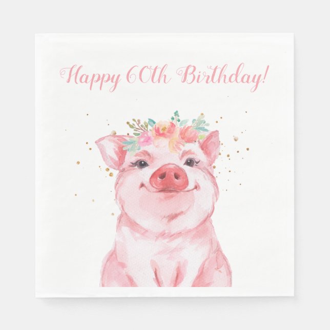 Cute Floral Pig 60th Birthday Napkins (Front)