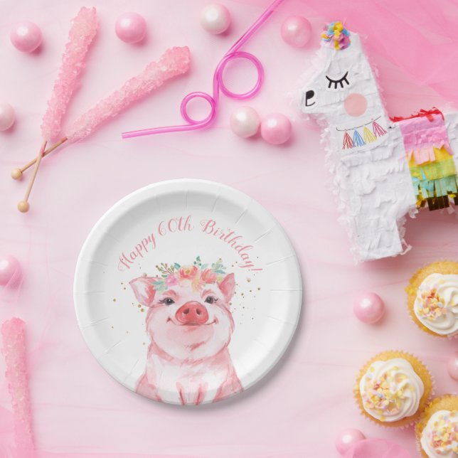 Cute Floral Pig 60th Birthday Paper Plates (Party)