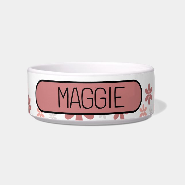 Cute Floral Pink and Grey Daisy Personalize Dog Bowl (Front)