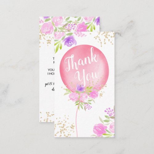 Cute floral pink balloon illustration thank you business card