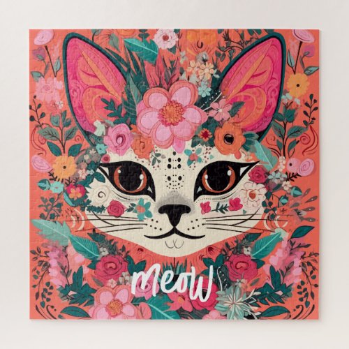 Cute Floral Pink Cat  Delightful Gift Cat Lovers Jigsaw Puzzle