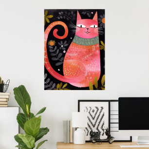Cute Floral Pink Cat Poster