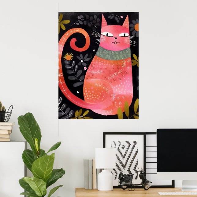 Cute Floral Pink Cat Poster (Home Office)