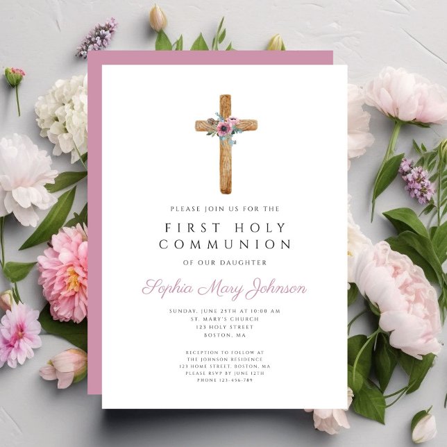 Cute Floral Pink Cross First Communion Invitation (Cute Floral Pink Cross First Communion Invitation)