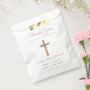Cute Floral Pink Cross Girl First Communion Favor Bag