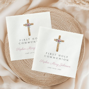 Cute Floral Pink Cross Girl First Communion Napkins