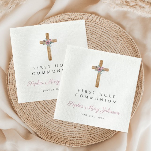 Cute Floral Pink Cross Girl First Communion Napkins (Cute Floral Pink Cross Girl First Communion Napkins
)