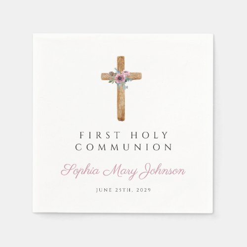 Cute Floral Pink Cross Girl First Communion Napkins