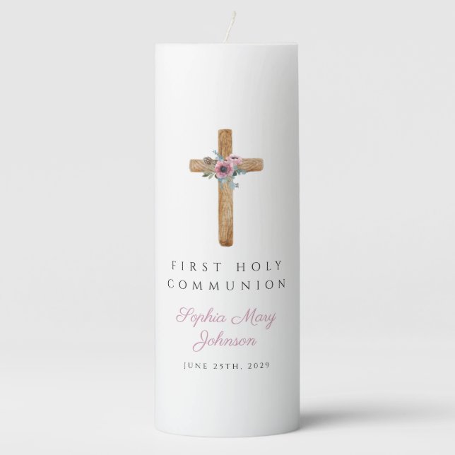Cute Floral Pink Cross Girl First Communion Pillar Candle (Front)