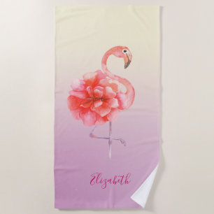 Cute Floral Pink Flamingos Ombre Beach Towel