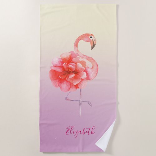 Cute Floral Pink Flamingos Ombre   Beach Towel
