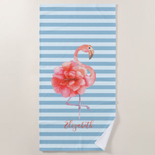 Cute Floral Pink Flamingos,Striped Beach Towel