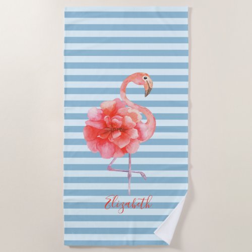 Cute Floral Pink FlamingosStriped  Beach Towel