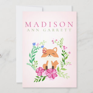 Cute floral pink fox baby girl photo birth announcement