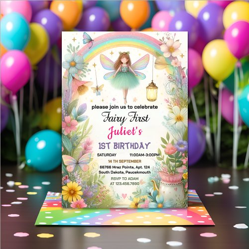 cute Floral Pink girl fairy first 1st birthday Invitation
