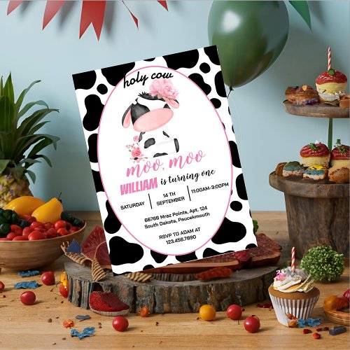 cute floral pink Holy Cow 1st Birthday Invitation