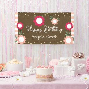 Cute Floral Pink Little Girl Birthday Faux Kraft Banner