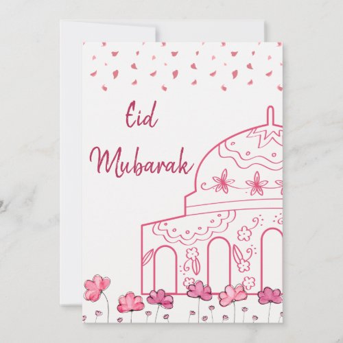 Cute Floral Pink Mosque Islamic Eid Mubarak Holiday Card