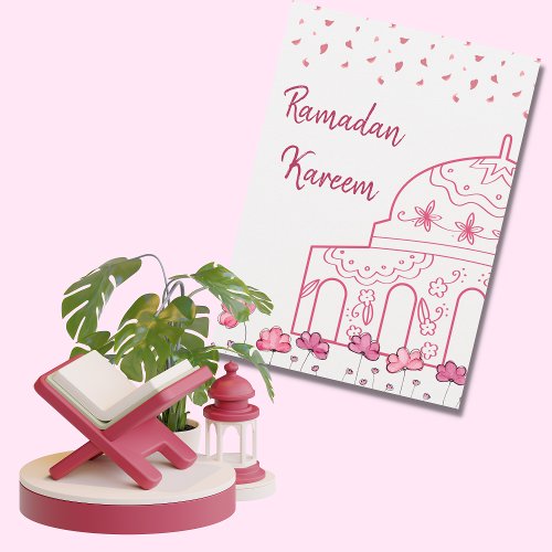 Cute Floral Pink Mosque Islamic Ramadan Mubarak Holiday Card