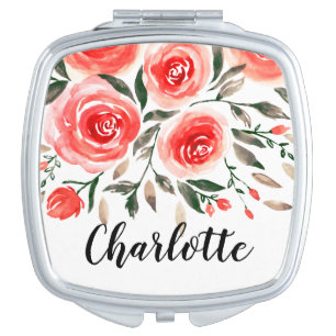 Cute Floral Pink Roses Watercolor Illustration Makeup Mirror