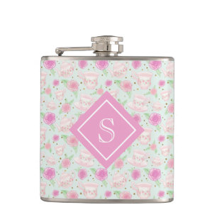 Cute Floral Pink Tea Cups Pattern Monogram Flask