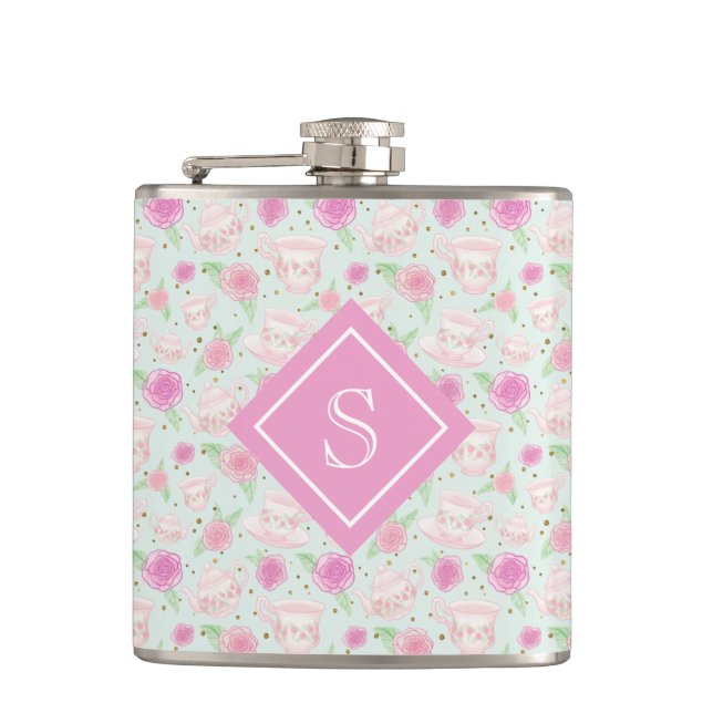 Cute Floral Pink Tea Cups Pattern Monogram Flask (Front)