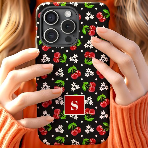Cute Floral Polka Dot Cherries Black Monogram iPhone 15 Case