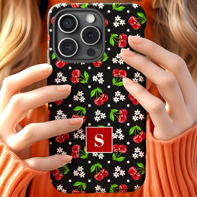 Cute Floral Polka Dot Cherries Black Monogram Case-Mate iPhone Case (Creator Uploaded)