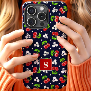 Cute Floral Polka Dot Cherries Navy Monogram iPhone 15 Case