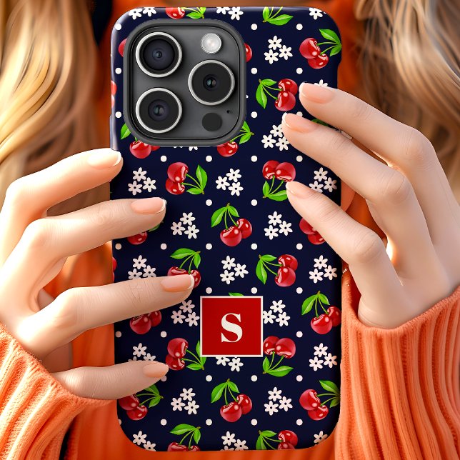 Cute Floral Polka Dot Cherries Navy Monogram Case-Mate iPhone Case (Creator Uploaded)