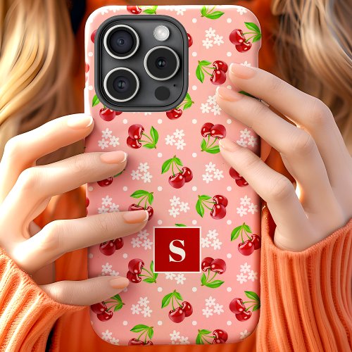 Cute Floral Polka Dot Cherries Pink Monogram iPhone 15 Case