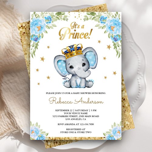 Cute Floral Prince Elephant Baby Shower Invitation