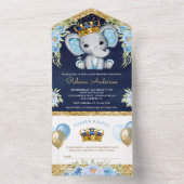 Cute Floral Prince Elephant Navy Blue Baby Shower All In One Invitation (Inside)