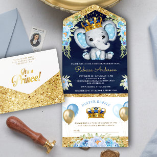 Cute Floral Prince Elephant Navy Blue Baby Shower All In One Invitation