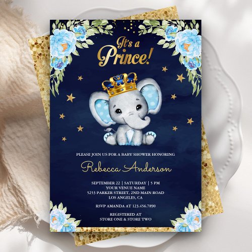 Cute Floral Prince Elephant Navy Blue Baby Shower Invitation