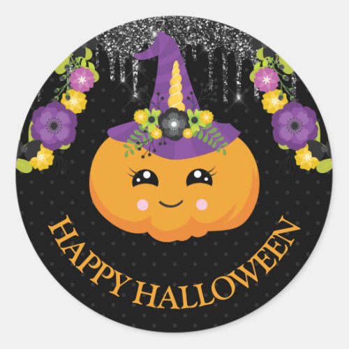 Cute Floral Pumpkin and Glitter Halloween Classic Round Sticker