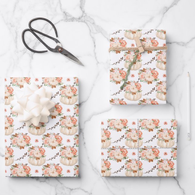 Cute Floral Pumpkin Birthday Baby Girl Shower Gift Wrapping Paper Sheets (Front)
